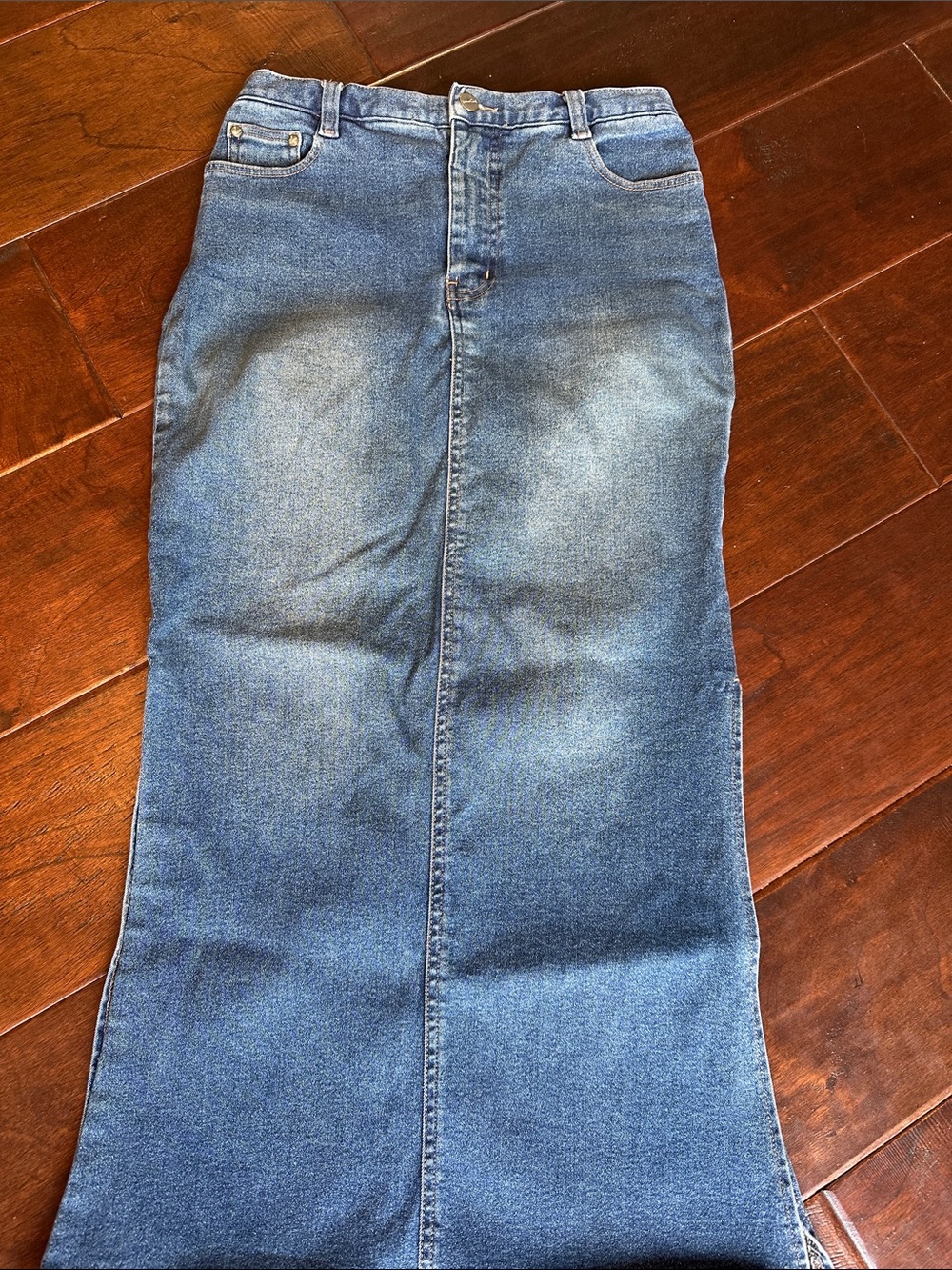 Women's Blue Denim Flare Maxi Skirt with Slits on Both Sides